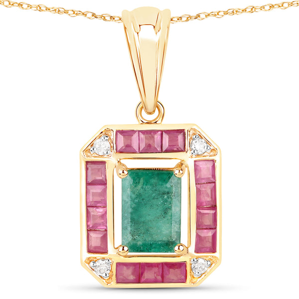 1.83 Carat Genuine Zambian Emerald, Ruby and White Diamond 14K Yellow Gold Pendant