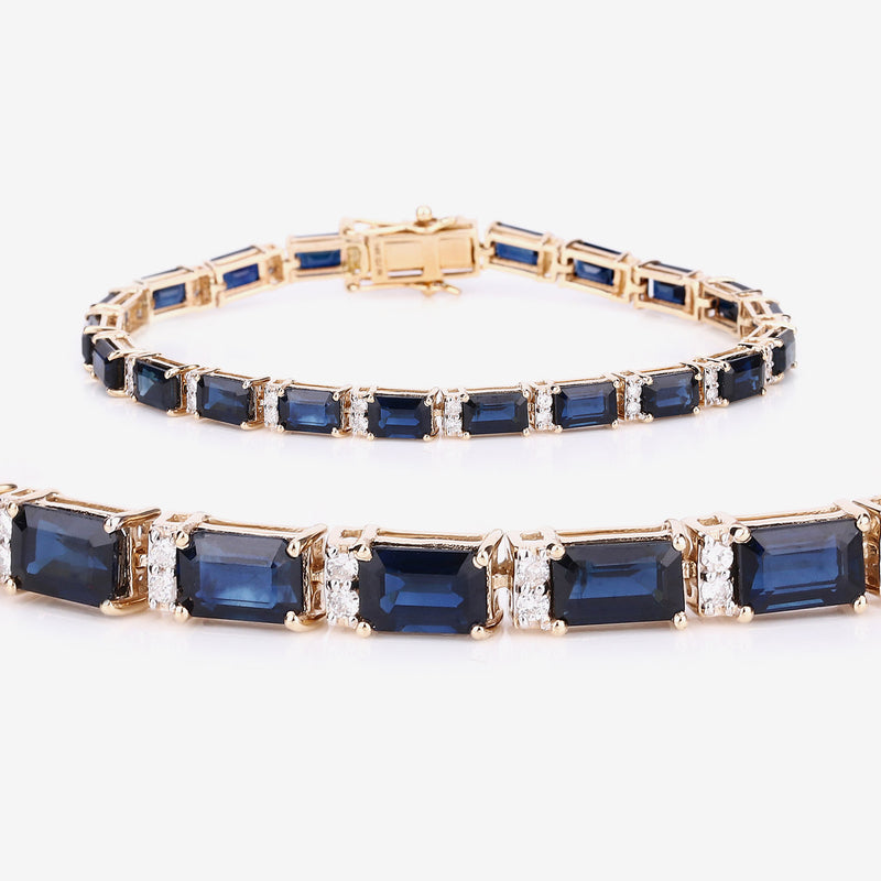 12.77 Carat Genuine Blue Sapphire and White Diamond 14K Yellow Gold Bracelet