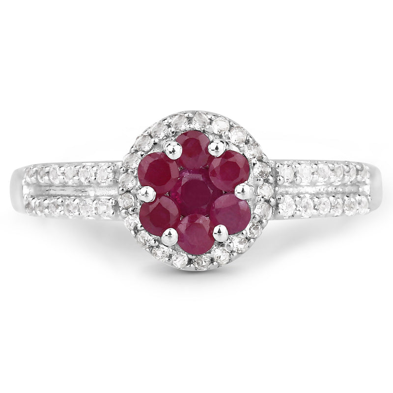 0.60 Carat Genuine Ruby and White Topaz .925 Sterling Silver Ring