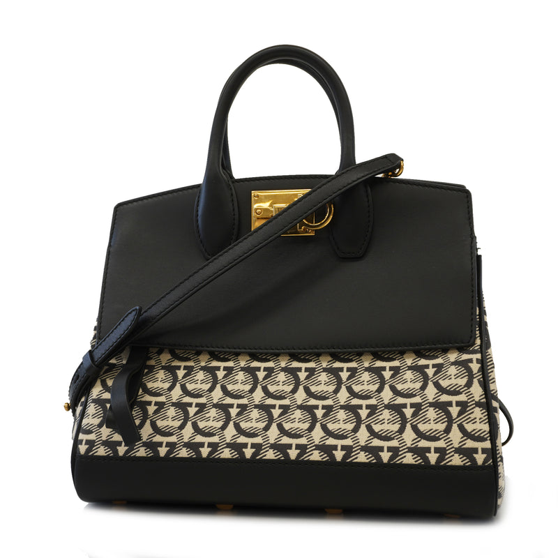 Auth Salvatore Ferragamo Gancini 2WAY Bag Womens LeatherCanvas HandbagShoulde