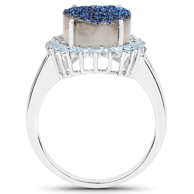 3.68 Carat Genuine Drusy Quartz and Swiss Blue Topaz .925 Sterling Silver Ring