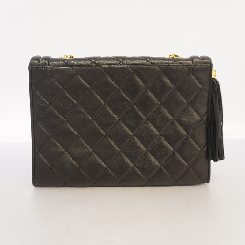 Auth Chanel Shoulder Bag Matrasse Fringe Chain Shoulder Lambskin Black Gold Metal