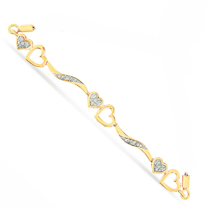 14K Yellow Gold Plated .925 Sterling Silver 1/10 Cttw Diamond Wave and Hearts 4”-10” Adjustable Bolo Bracelet (I-J Color, I3 Clarity)