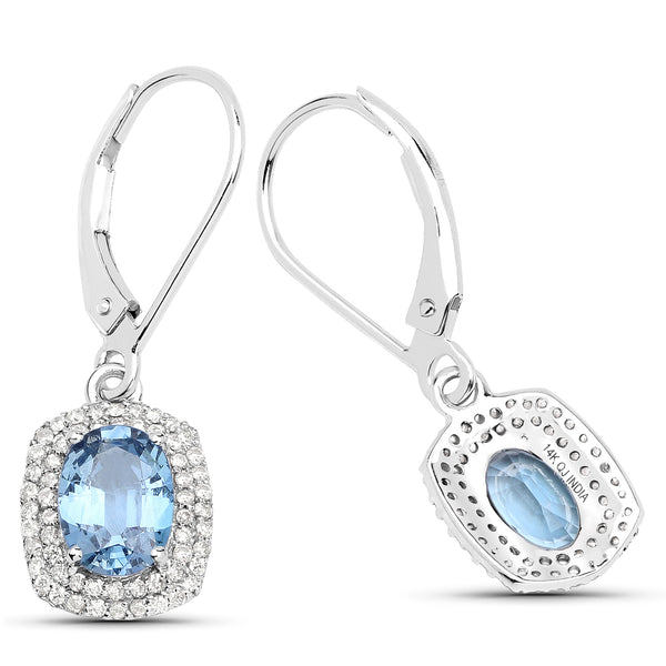 2.36 Carat Genuine Blue Sapphire and White Diamond 14K White Gold Earrings