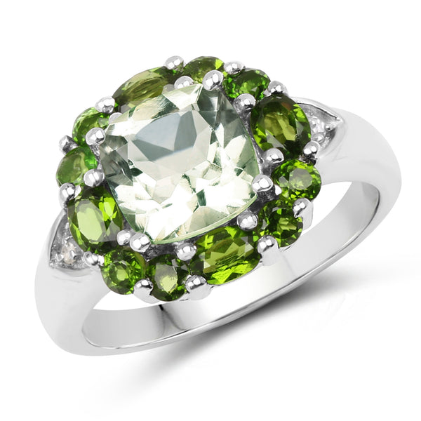 3.49 Carat Genuine Green Amethyst, Chrome Diopside & White Topaz .925 Sterling Silver Ring