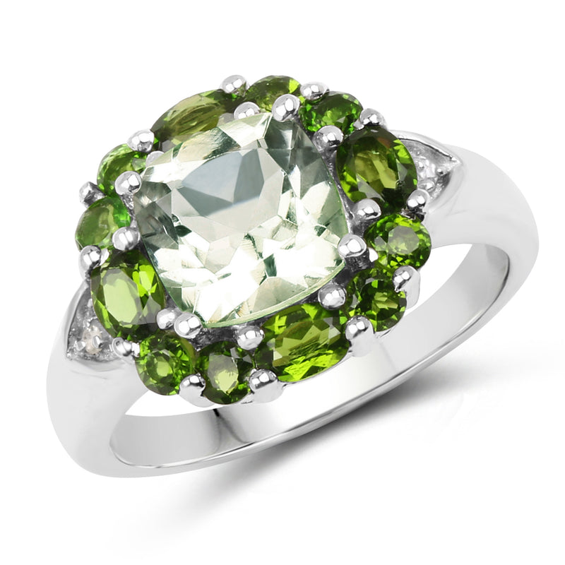 3.49 Carat Genuine Green Amethyst, Chrome Diopside & White Topaz .925 Sterling Silver Ring