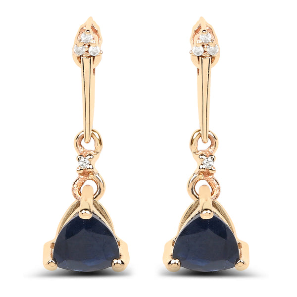 0.92 Carat Genuine Blue Sapphire and White Diamond 14K Yellow Gold Earrings