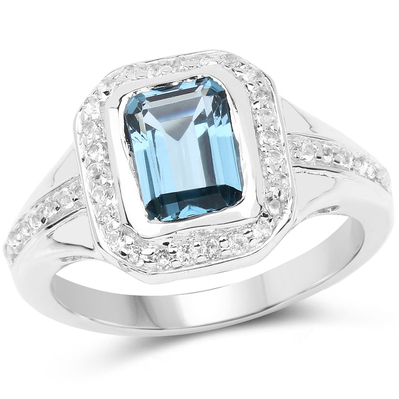 2.29 Carat Genuine London Blue Topaz and White Topaz .925 Sterling Silver Ring