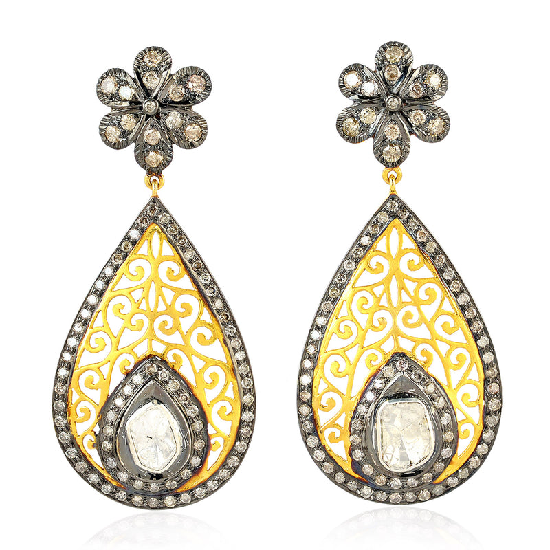 14k Gold Pave Diamond Sterling Silver Pear Shape Dangle Earrings Jewelry