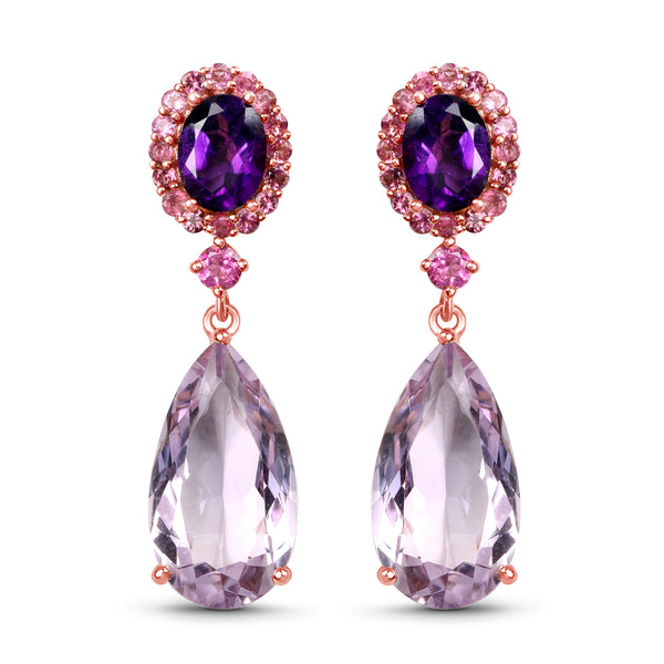 14K Rose Gold Plated 17.80 Carat Genuine Pink Amethyst, Pink Tourmaline & Amethyst .925 Sterling Silver Earrings