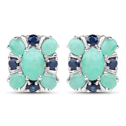 2.90 Carat Genuine Emerald and Blue Sapphire .925 Sterling Silver Earrings