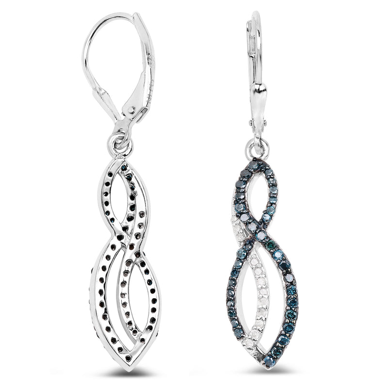 0.72 Carat Genuine White Diamond and Blue Diamond .925 Sterling Silver Earrings