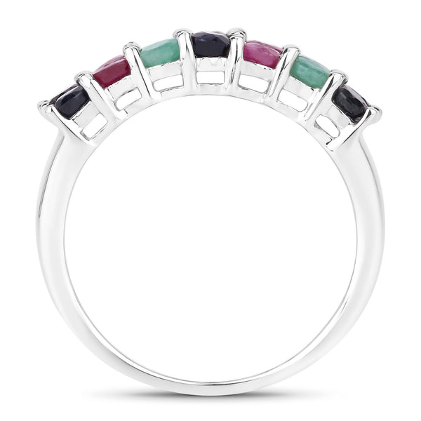 "3.40 Carat Genuine Emerald, Ruby and Black Sapphire .925 Sterling Silver Ring"