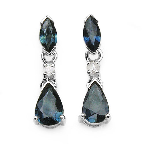 1.34 Carat Blue Sapphire & White Diamond 10K White Gold Earrings