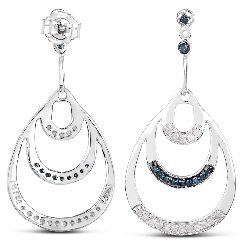 0.52 Carat Genuine White Diamond and Blue Diamond .925 Sterling Silver Earrings