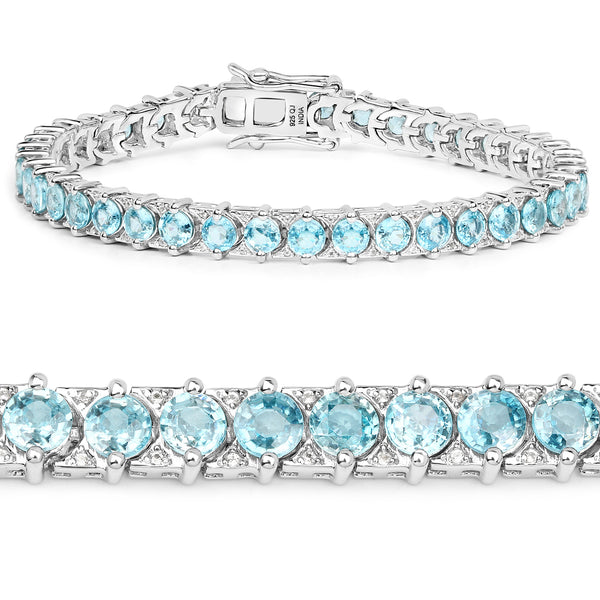 13.94 Carat Genuine Blue Zircon and White Topaz .925 Sterling Silver Bracelet