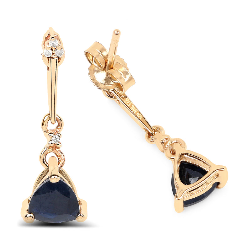 0.92 Carat Genuine Blue Sapphire and White Diamond 14K Yellow Gold Earrings