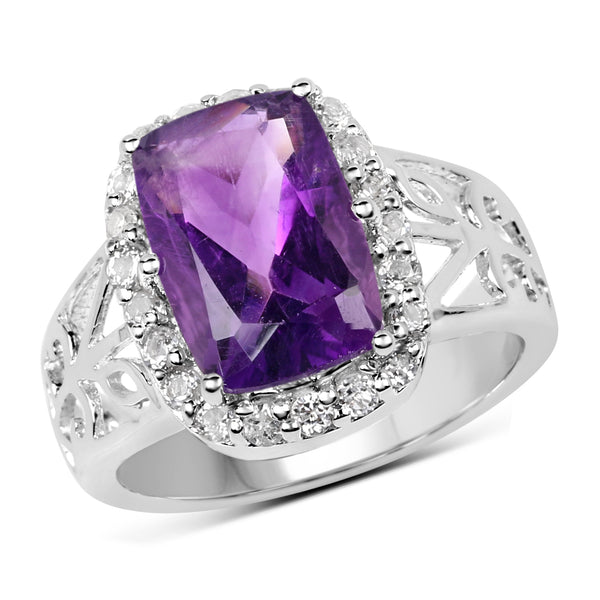 4.04 Carat Genuine  Amethyst and White Topaz .925 Sterling Silver Ring