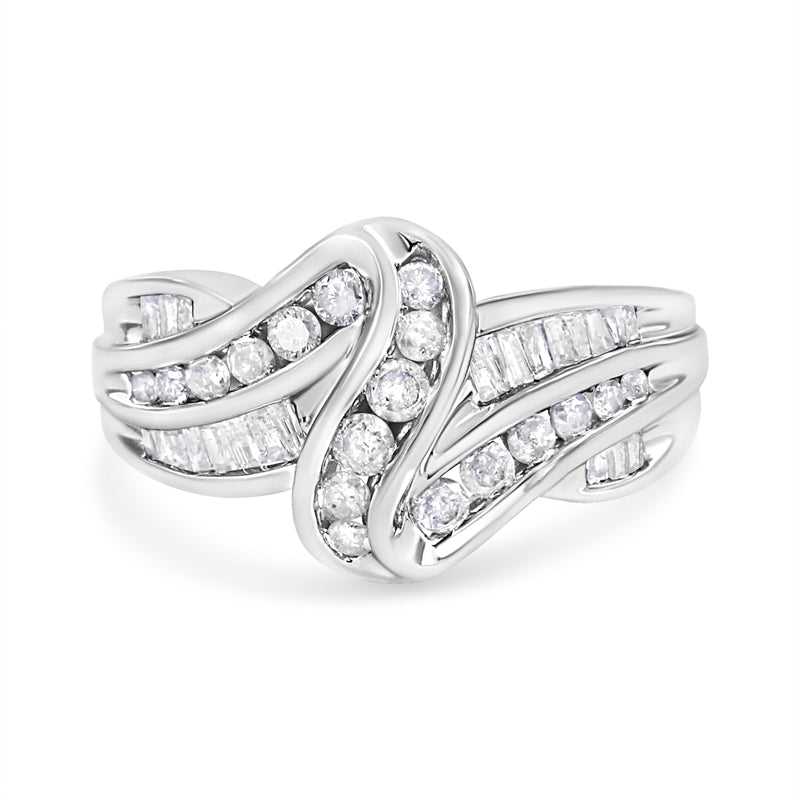 10K White Gold Ring 3/4 Cttw Round and Baguette-Cut Diamond Bypass Ring (H-I Color, I2-I3 Clarity) - Size 6