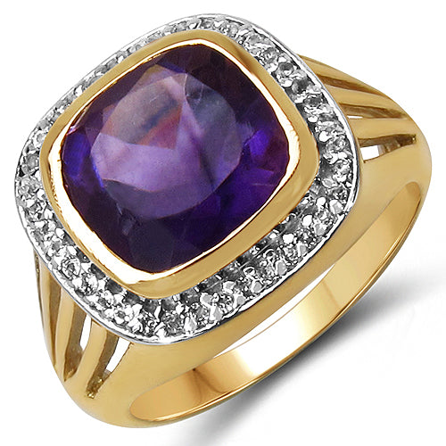 14K Yellow Gold Plated 3.74 Carat Genuine Amethyst & White Topaz .925 Sterling Silver Ring