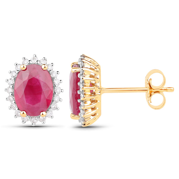 2.85 Carat Genuine Ruby and White Diamond 14K Yellow Gold Earrings