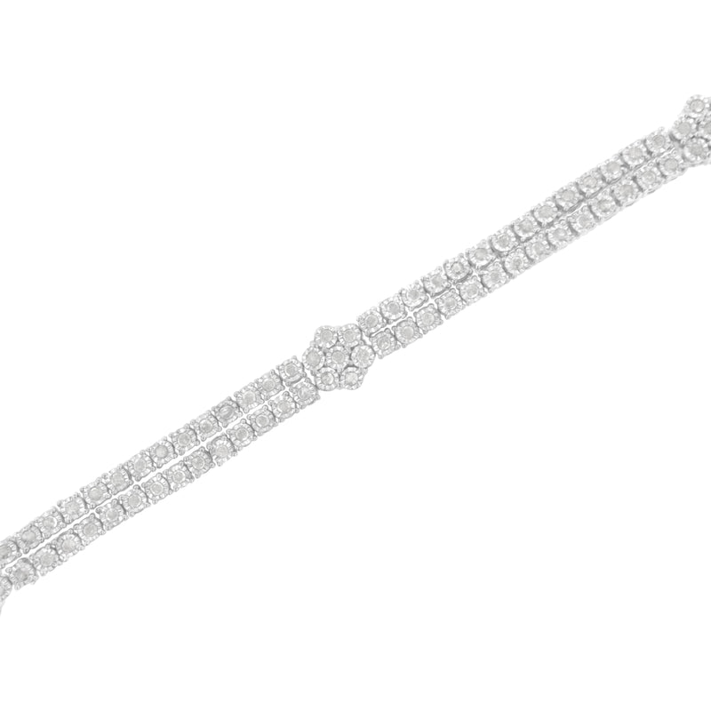 .925 Sterling Silver Diamond Double Row and Floral Cluster Tennis Bracelet (2 cttw, I-J Color, I3 Clarity) - Size 7.25"