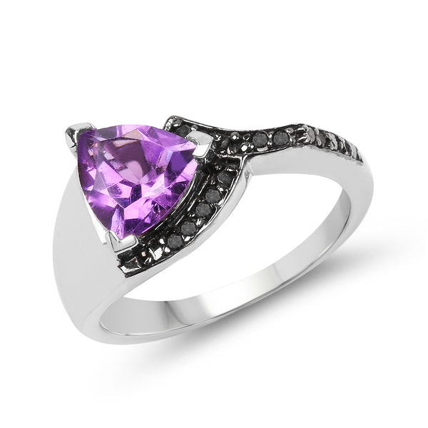 1.55 Carat Genuine Amethyst and Black Diamond .925 Sterling Silver Ring