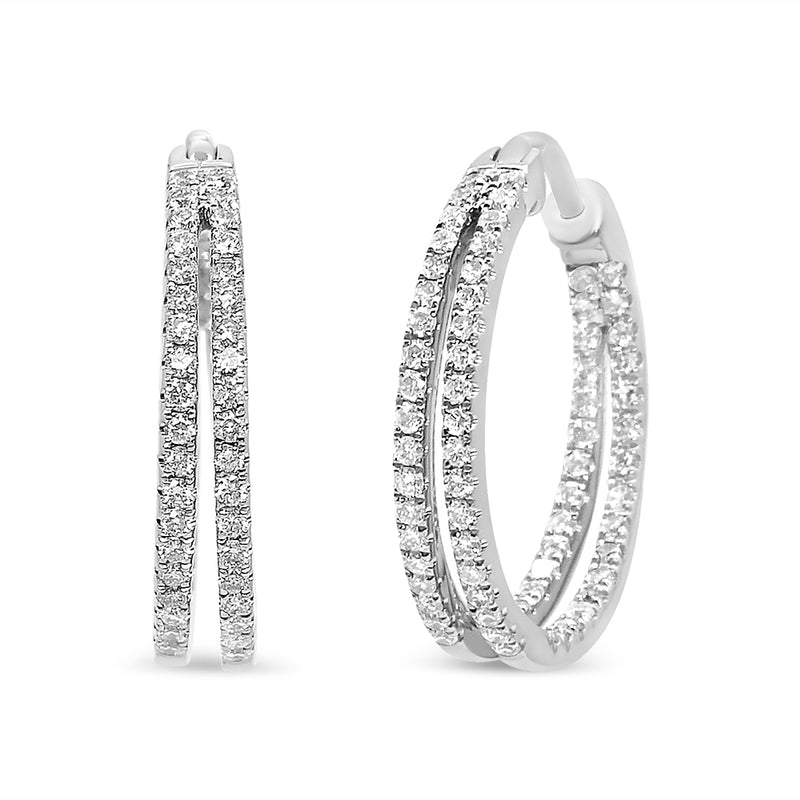 14K White Gold 1.00 Cttw Diamond Inside Out Double Row Split Criss Cross 3/4" Inch Hoop Earrings (F-G Color, SI1-SI2 Clarity)