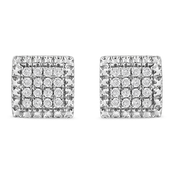 .925 Sterling Silver 1/6 Cttw Round-Cut Diamond Cluster Square Shaped Stud Earrings (I-J Color, I2-I3 Clarity)