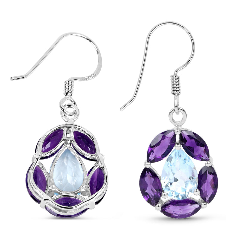 9.10 Carat Genuine Blue Topaz and Amethyst .925 Sterling Silver Earrings