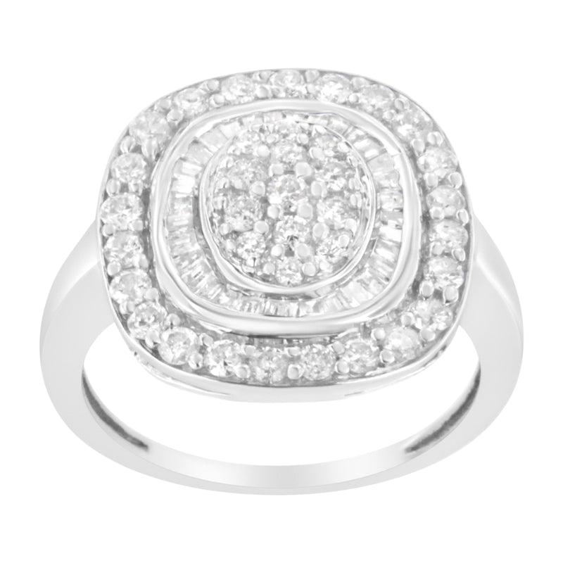 .925 Sterling Silver 1cttw Round and Baguette-Cut Diamond Square Cocktail Ring (I2-I3 Clarity, H-I Color) - Size 7