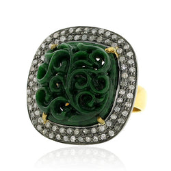 Carved Cockail Ring Size Prong Set Jade Gemstone Vintage Diamond 18k Gold