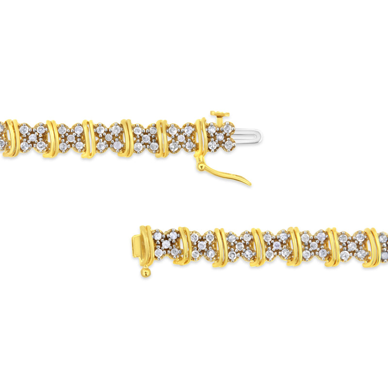 10K Yellow Gold Plated .925 Sterling Silver 2.0 Cttw Round Diamond Cluster "X" Shaped Link Bracelet (H-I Color, I3 Clarity) - 7"