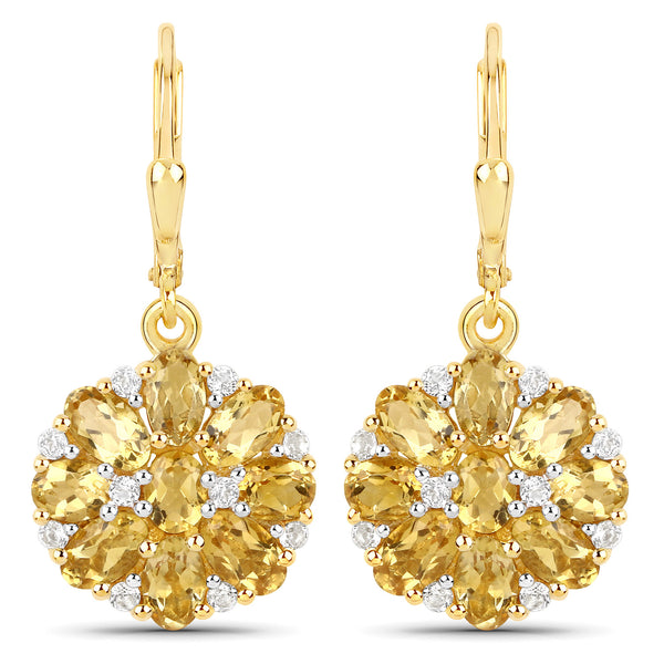 18K Yellow Gold Plated 3.80 Carat Genuine Citrine and White Topaz .925 Sterling Silver Earrings