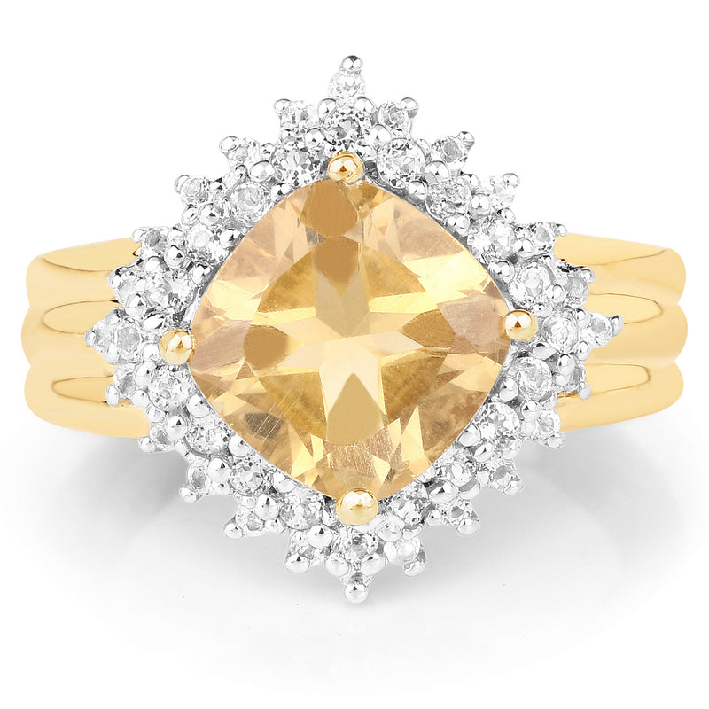 14K Yellow Gold Plated 3.58 Carat Genuine Citrine & White Topaz .925 Sterling Silver Ring