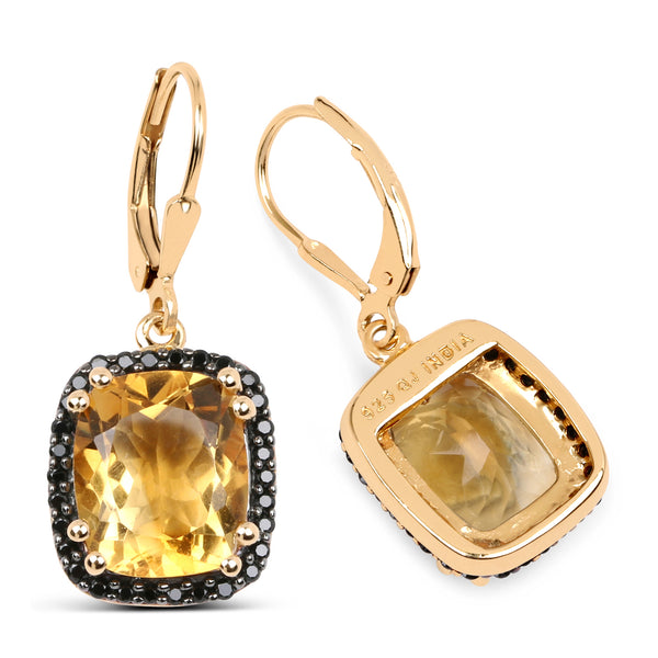 14K Yellow Gold Plated 8.90 Carat Genuine Citrine & Black Spinel .925 Sterling Silver Earrings