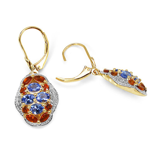 14K Yellow Gold Plated 2.22 Carat Genuine Tanzanite, Citrine & White Topaz .925 Sterling Silver Earrings