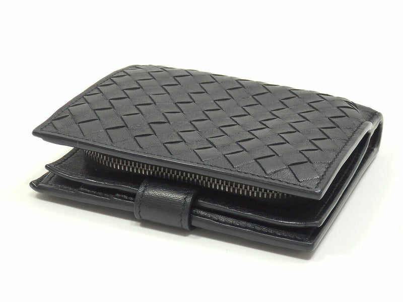 Bottega Veneta Bi-Fold Wallet Intrecciato Mens Black Lamb Leather 121059V001N1000 Crochet Round Zipper