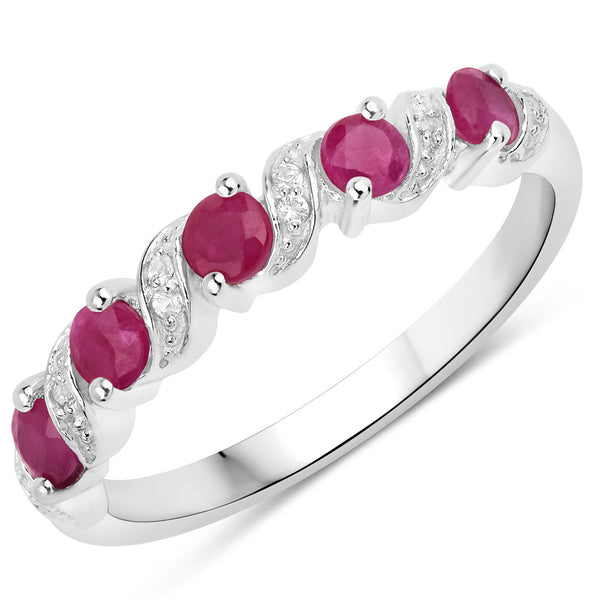 0.69 Carat Genuine Ruby and White Topaz .925 Sterling Silver Ring