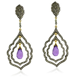 1.82 ct Pave Diamond Amethyst 14kt Gold Sterling Silver Dangle Earrings Jewelry