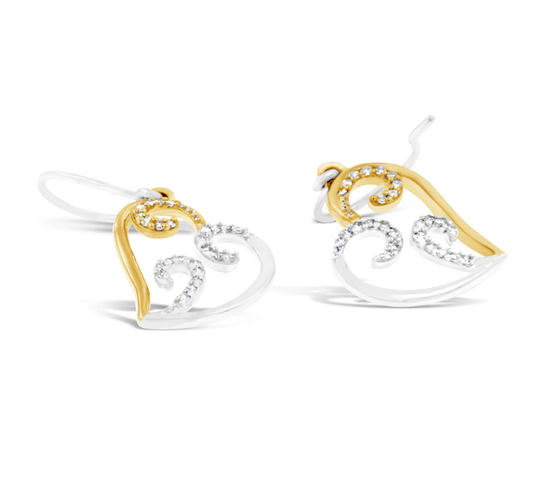 10K Two-tone Gold Round Diamond Heart Dangle Earrings (1/4 cttw, I-J Color, I2-I3 Clarity)