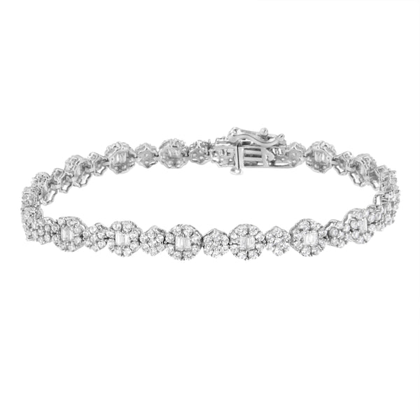 10K White Gold 4.0 cttw Brilliant Round-cut and Baguette Diamond Floral Cluster Link Bracelet (I-J Clarity, I1-I2 Color) - Size 7"