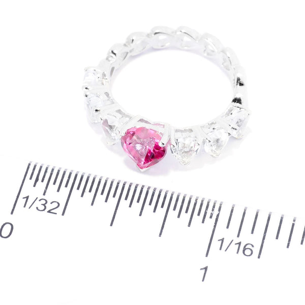 925 Sterling Silver Women Ring Pink and White Topaz Heart Shape