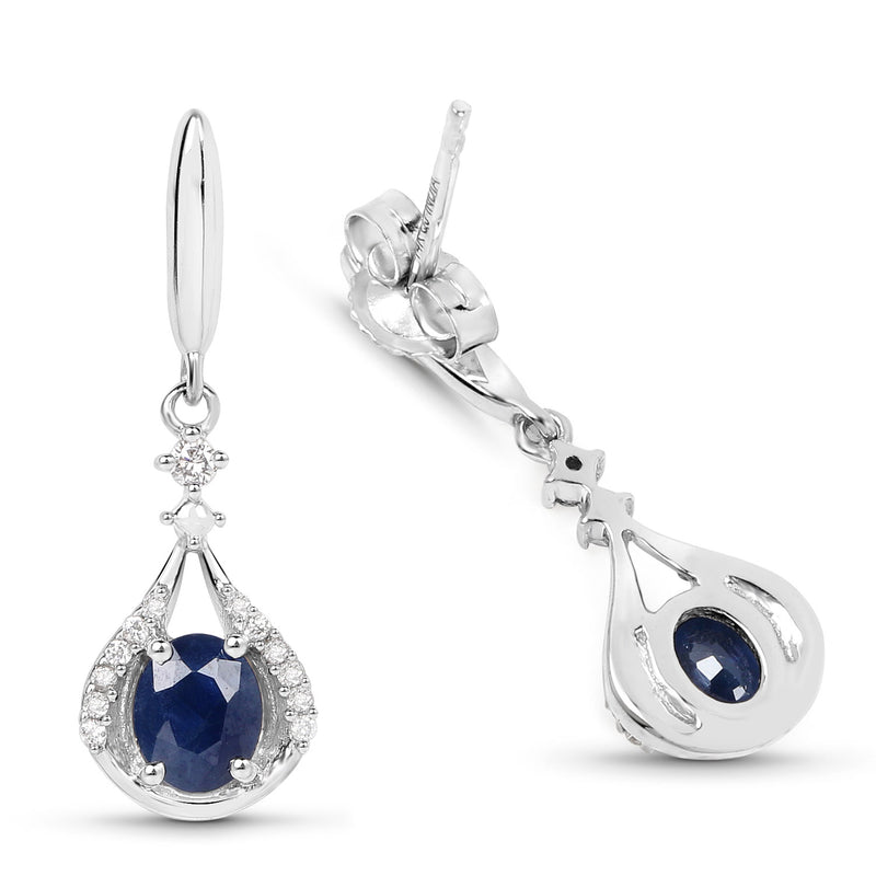 0.86 Carat Genuine Blue Sapphire and White Diamond 14K White Gold Earrings