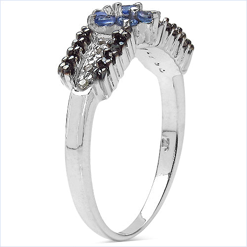 0.40 Carat Genuine Tanzanite, Black Diamond & White Diamond .925 Sterling Silver Ring