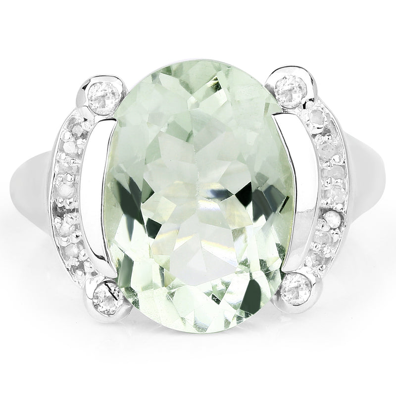 8.12 Carat Genuine Green Amethyst, White Topaz & White Diamond .925 Sterling Silver Ring