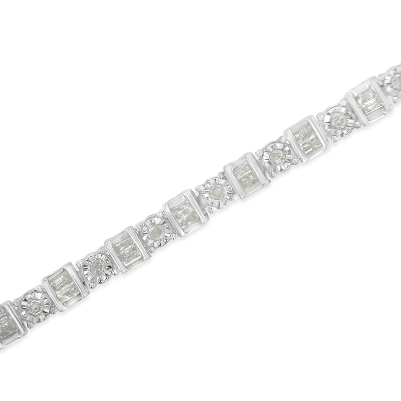 10K White Gold 1.0 Cttw Baguette & Round Diamond Alternating Link Tennis Bracelet (I-J Color, I2-I3 Clarity) - 7”