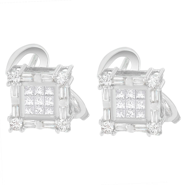 14K White Gold 1ct TDW Princess Baguette and Round Cut Diamond Earring (H-ISI1-SI2)