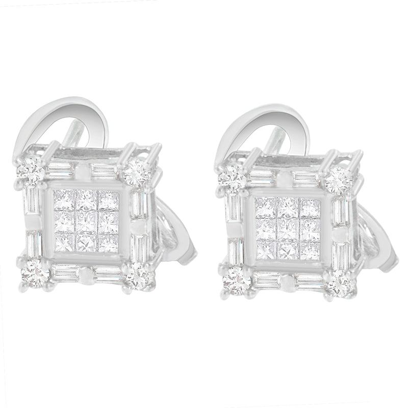 14K White Gold 1ct TDW Princess Baguette and Round Cut Diamond Earring (H-ISI1-SI2)