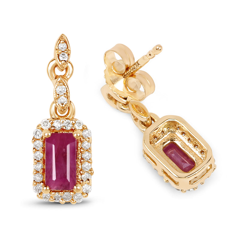 0.78 Carat Genuine Ruby and White Diamond 14K Yellow Gold Earrings